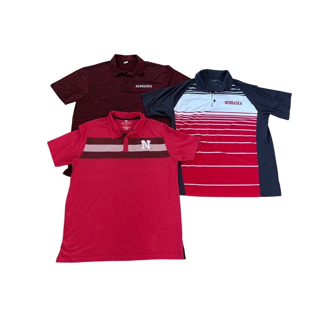 Lot of 3 Nebraska Cornhuskers Polo Shirts Mens XL Sport-Tek Colosseum NCAA Red